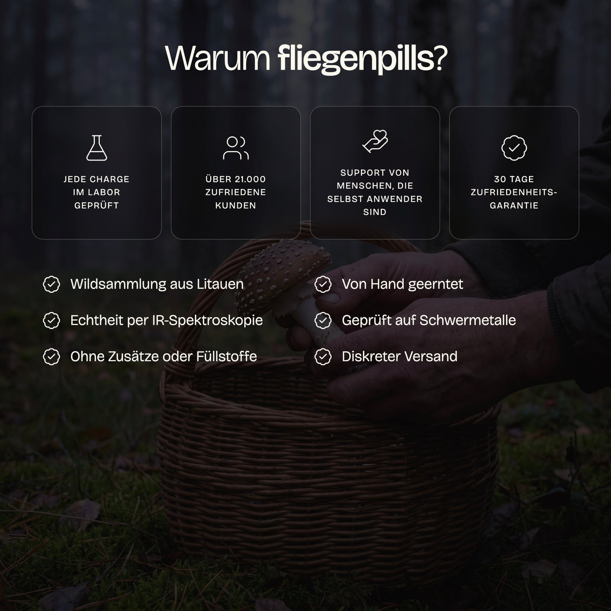 Warum fliegenpills: jede Charge laborgeprüft, über 21.000 Kunden, 30 Tage Zufriedenheitsgarantie