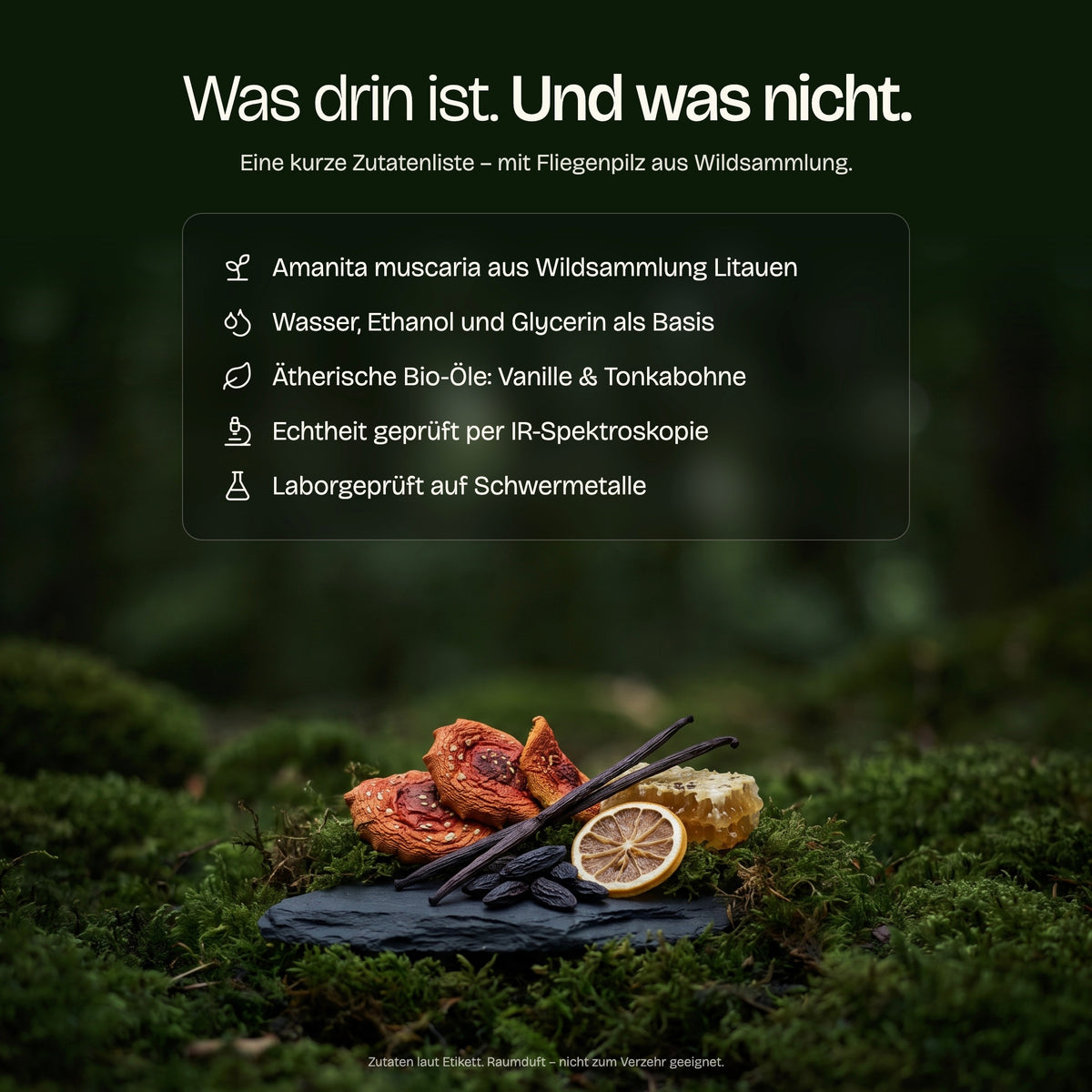 Was im POWERSPRAY drin ist: Amanita muscaria, Wasser, Ethanol, Glycerin, Bio-Öle