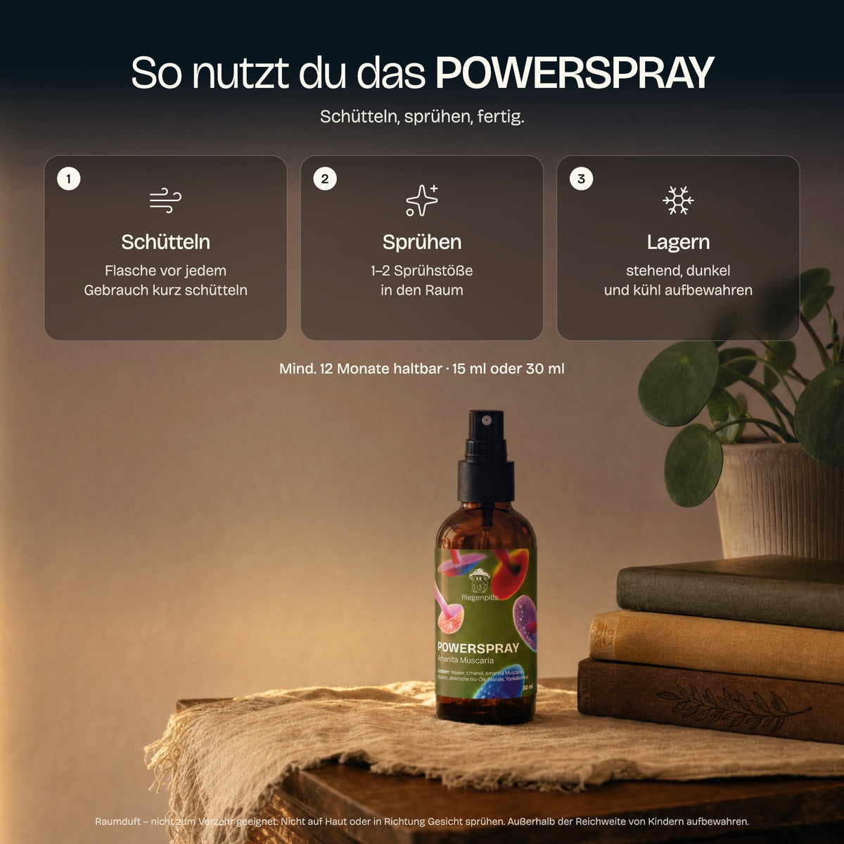 So nutzt du das POWERSPRAY: schütteln, in den Raum sprühen, lagern