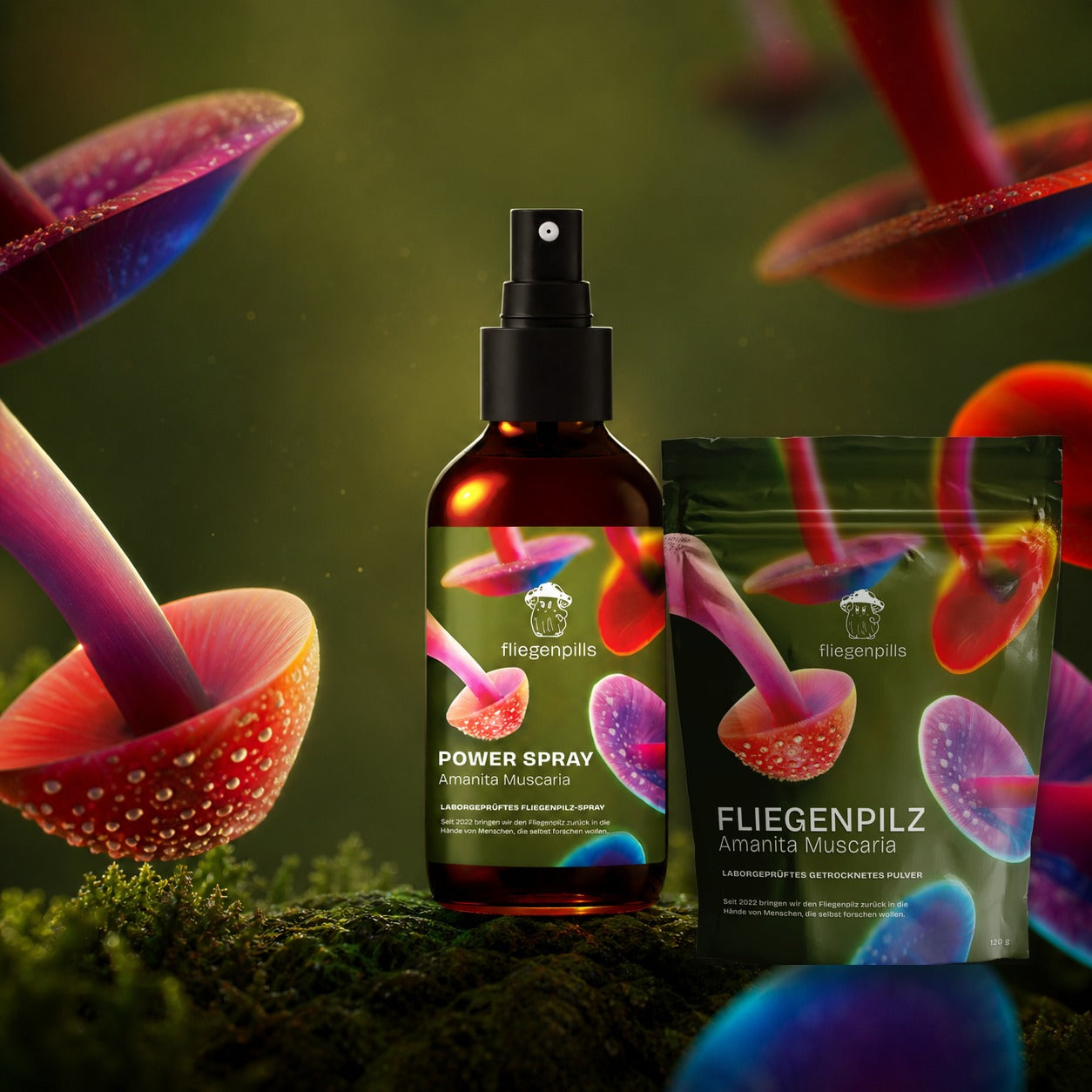 fliegenpills Bundle: Fliegenpilz Pulver (30g) und POWERSPRAY (15ml) auf Moos