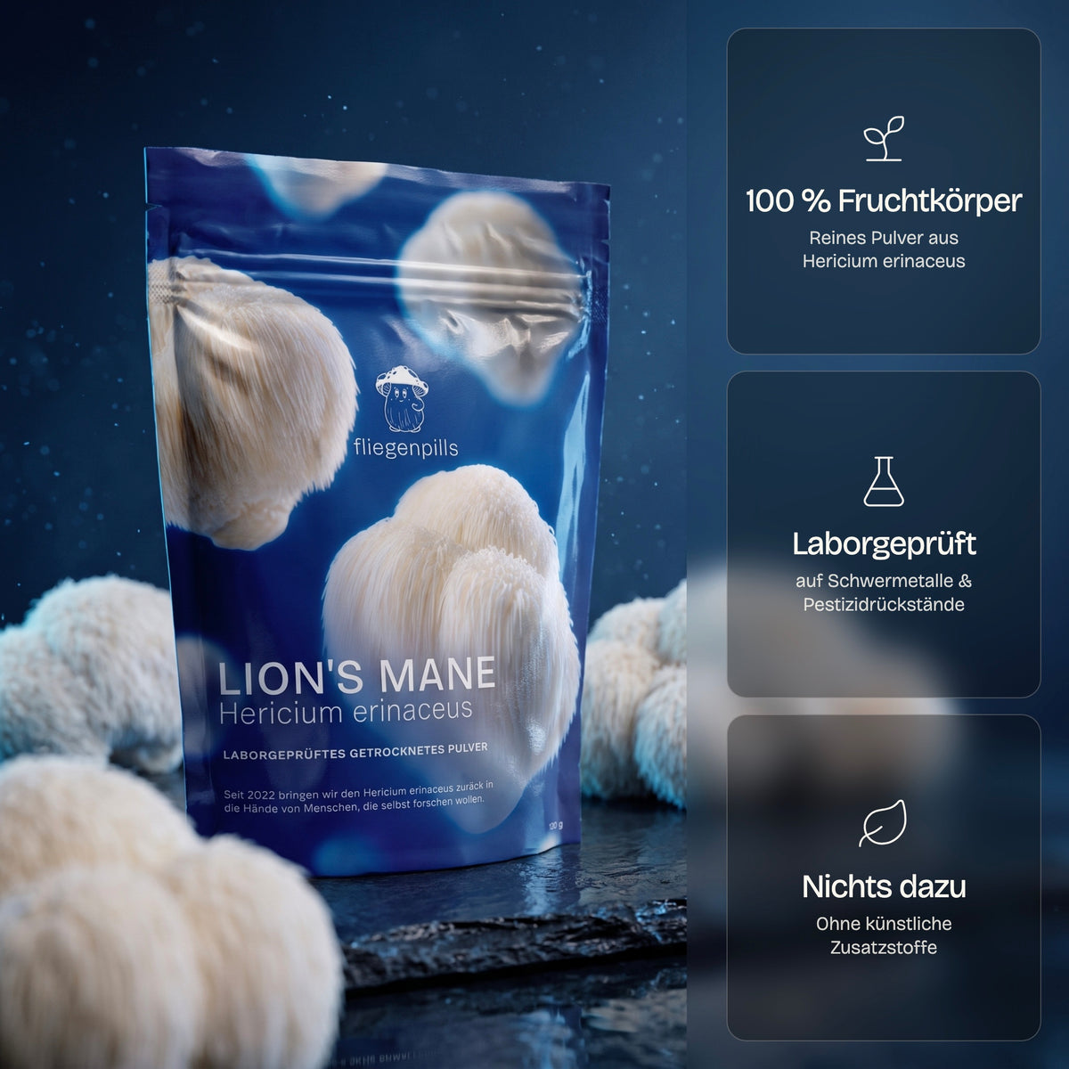 Lion's Mane Pulver von fliegenpills: 100 % Fruchtkörper, laborgeprüft, ohne künstliche Zusatzstoffe
