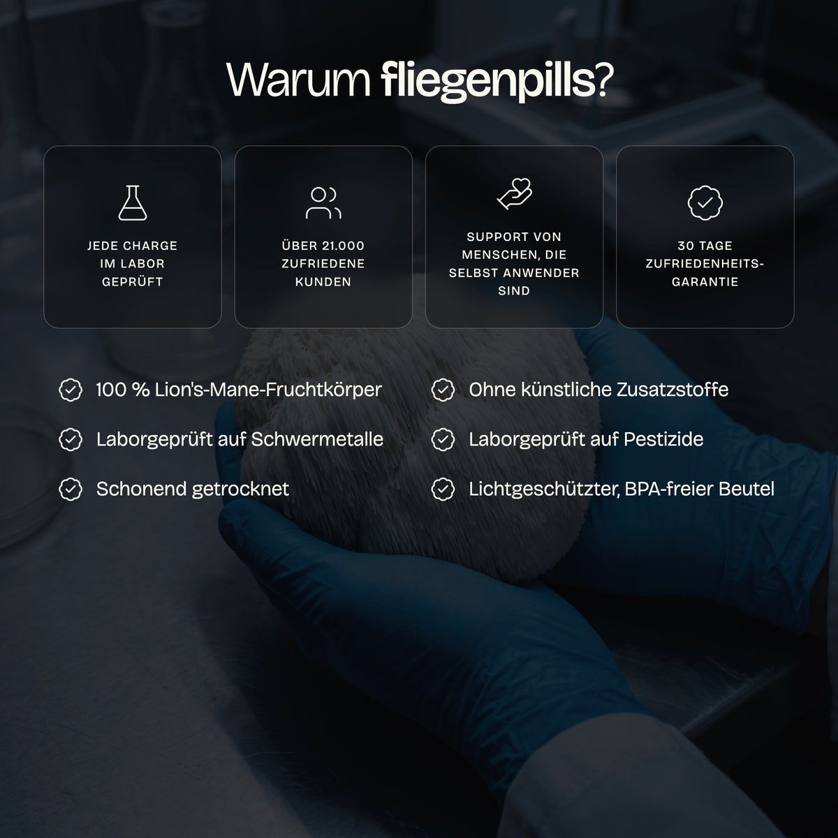 Warum fliegenpills: jede Charge laborgeprüft, über 21.000 Kunden, 30 Tage Zufriedenheitsgarantie