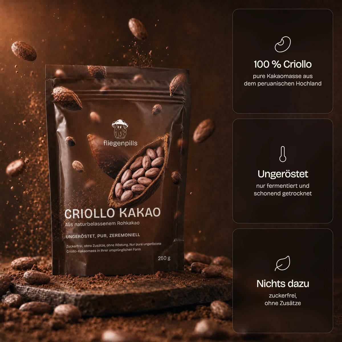 fliegenpills Criollo Rohkakao: 100 % Criollo, ungeröstet, zuckerfrei und ohne Zusätze