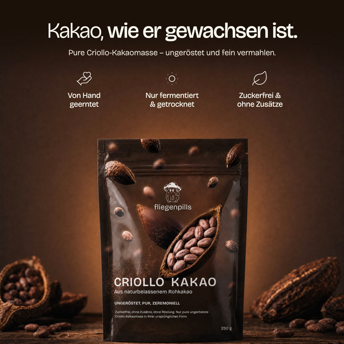 Criollo Kakao, wie er gewachsen ist – von Hand geerntet, nur fermentiert und getrocknet