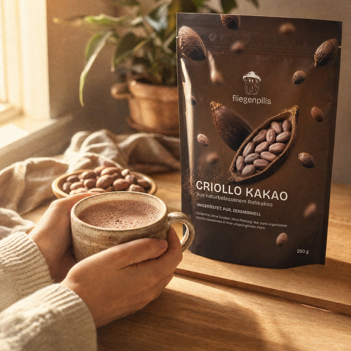 Tasse Criollo Kakao am Morgen neben dem fliegenpills Beutel