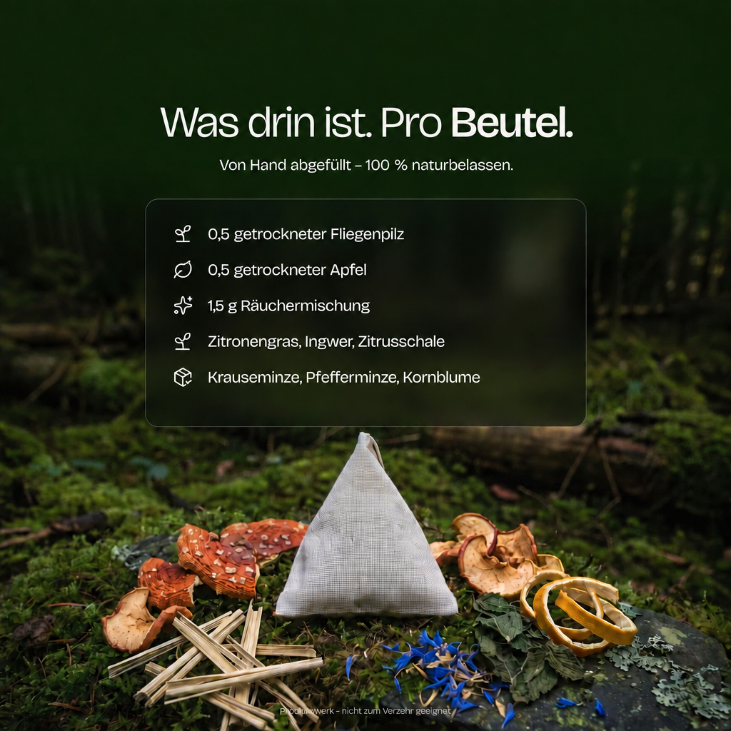 Inhalt pro Räucherbeutel: 0,5 g Fliegenpilz, 0,5 g Apfel, 1,5 g Räuchermischung